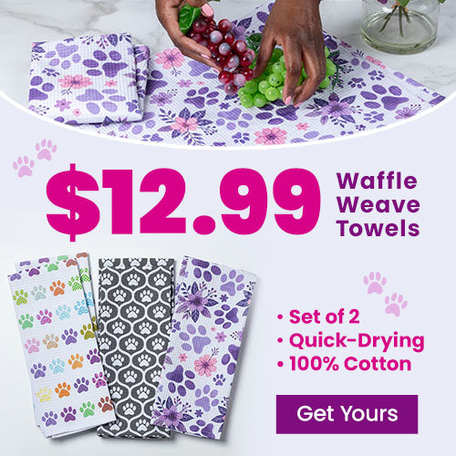 $12.99 Waffle Weave Towels donation from The Animal Rescue Site and GreaterGood, featuring paw-print cotton kitchen towels, set of two, quick-drying designs supporting compassionate giving.