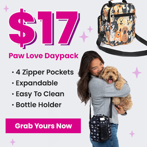 Paw Love Daypack promotion from The Animal Rescue Site and GreaterGood, featuring a dog-print backpack with zipper pockets, expandable design, bottle holder, and crossbody pet bag for everyday use.