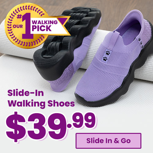 Slide-In Walking Shoes deal from The Animal Rescue Site and GreaterGood, featuring lavender slip-on walking shoes with black cushioned soles and paw-print detail, designed for everyday comfort and easy wear.