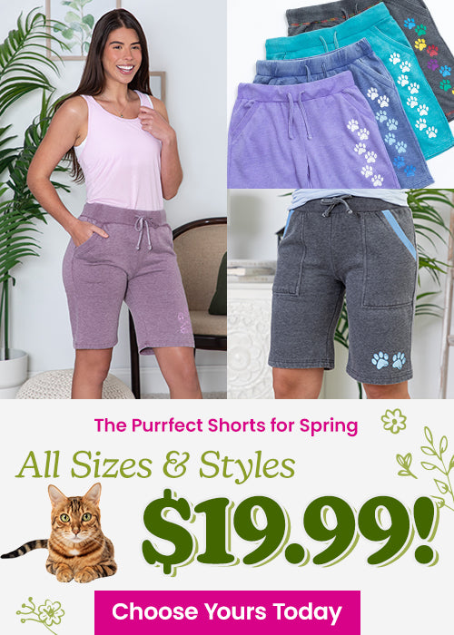 The Purrfect Shorts for Spring promotion from The Animal Rescue Site and GreaterGood; proceeds help support shelter pets and more, featuring mauve drawstring lounge shorts and gray paw print pocket shorts.