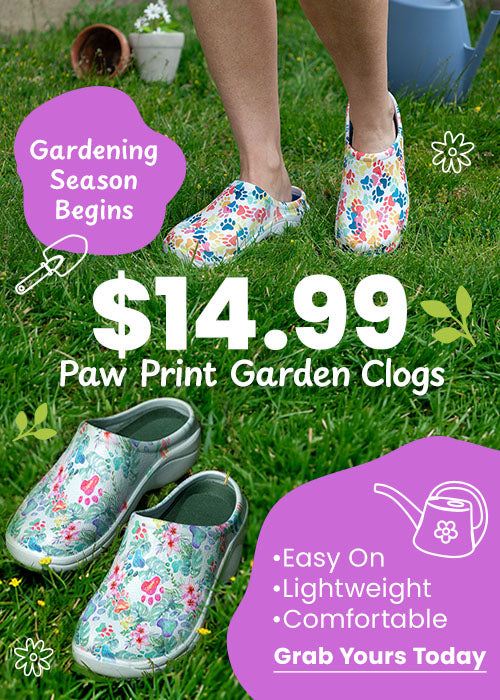 Paw Print Garden Clogs $14.99 promotion, The Animal Rescue Site and GreaterGood; proceeds help support shelter pets and more; lightweight slip-on clogs, pastel floral print, multicolor paw pattern garden shoes