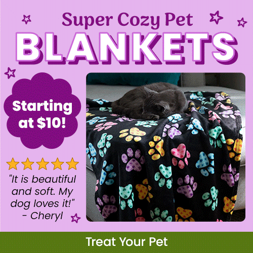 Super Cozy Pet Blankets promotion, The Animal Rescue Site and GreaterGood; proceeds help support shelter pets and more; black fleece blanket, multicolor paw print pattern, plush soft throw for pets