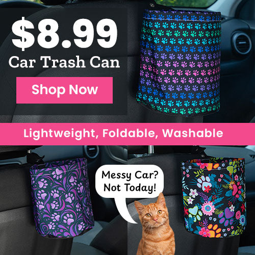$8.99 Car Trash Can promotion from The Animal Rescue Site and GreaterGood. Proceeds help support shelter pets and more. Paw print foldable bin, purple swirl pattern, colorful floral car organizer.