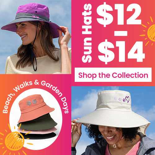 Sun Hats $12–$14 promotion from The Animal Rescue Site and GreaterGood. Proceeds help support shelter pets and more. Purple wide-brim sun hat, beige floral visor, coral bucket hat styles.