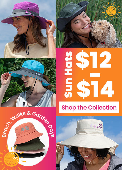 Sun Hats $12–$14 promotion from The Animal Rescue Site and GreaterGood. Proceeds help support shelter pets and more. Purple wide-brim sun hat, beige floral visor, coral bucket hat styles.
