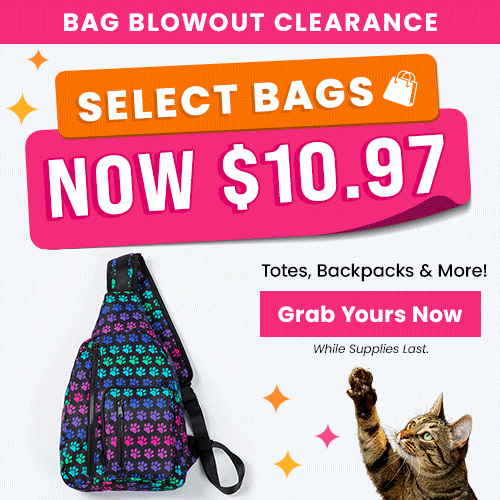 Bag Blowout Clearance promotion from The Animal Rescue Site and GreaterGood. Proceeds help support shelter pets and more. Multicolor paw print sling backpack, casual tote bags, lightweight travel accessories.