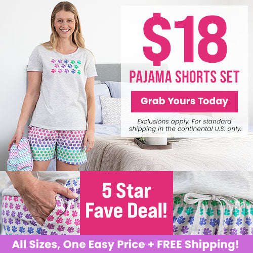 $18 Pajama Shorts Set promotion from The Animal Rescue Site and GreaterGood. Proceeds help support shelter pets and more. Gray paw print pajama tee, colorful patterned shorts, soft sleepwear set.