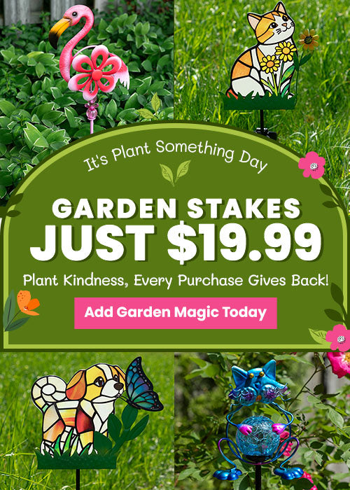 Garden Stakes Just $19.99 promotion from The Animal Rescue Site and GreaterGood. Proceeds help support shelter pets and more. Pink flamingo garden stake, stained-glass cat décor, colorful outdoor lawn accents.
