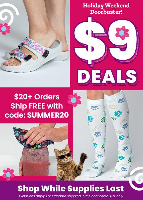 $9 Deals Holiday Weekend Doorbuster promotion from The Animal Rescue Site and GreaterGood. Proceeds help support shelter pets and more. Floral slide sandals, colorful jar gripper, pet-themed everyday accessories.