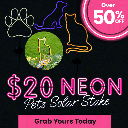 $20 Neon Pets Solar Stake promotion from The Animal Rescue Site and GreaterGood. Proceeds help support shelter pets and more. Neon dog outline stake, glowing cat silhouette, illuminated paw print solar garden décor.