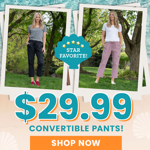 $29.99 Convertible Pants promotion from The Animal Rescue Site and GreaterGood. Proceeds help support shelter pets and more. Black convertible pants, pink utility pants, lightweight versatile outdoor apparel.