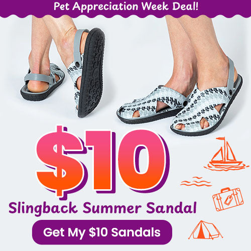 $10 Slingback Summer Sandal promotion from The Animal Rescue Site and GreaterGood. Proceeds help support shelter pets and more. Gray paw-print slingback sandals, lightweight open-toe footwear, cushioned casual summer style.