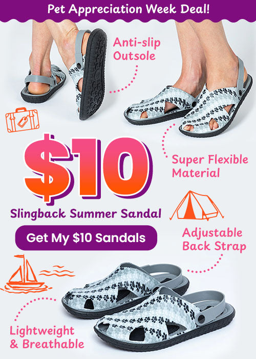 $10 Slingback Summer Sandal promotion from The Animal Rescue Site and GreaterGood. Proceeds help support shelter pets and more. Gray paw-print slingback sandals, lightweight open-toe footwear, cushioned casual summer style.