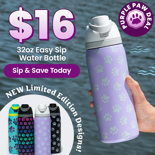 $16 Easy Sip Water Bottle promotion from The Animal Rescue Site and GreaterGood. Proceeds help support shelter pets and more. Lavender paw-print water bottle, blue floral paw-pattern bottle, black paw-print stainless steel tumbler.