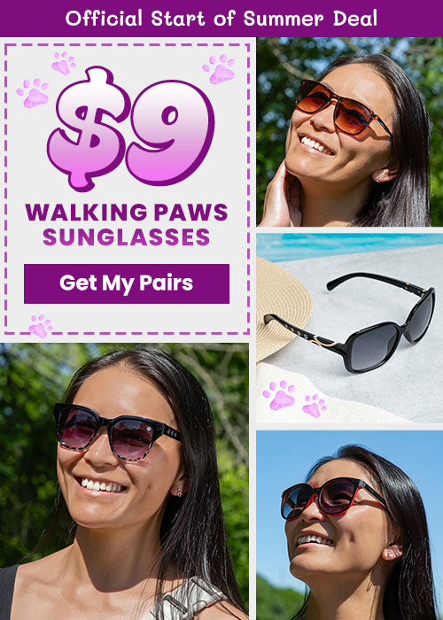 $9 Walking Paws Sunglasses promotion from The Animal Rescue Site and GreaterGood. Proceeds help support shelter pets and more. Black cat-eye sunglasses, red oversized frames, brown gradient-lens sunglasses for sunny days.