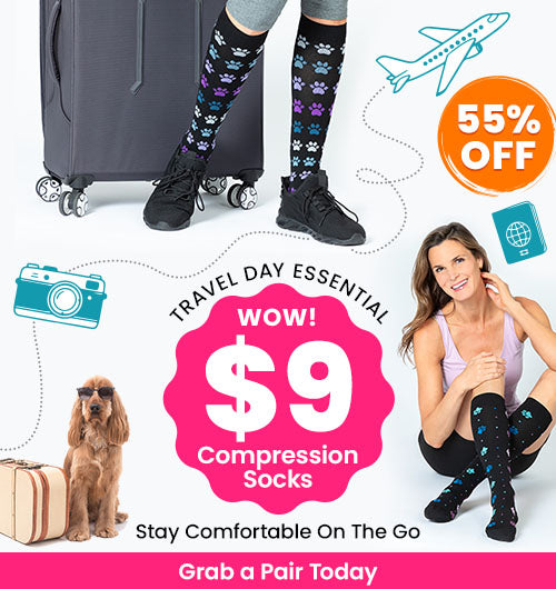 $9 compression socks sale by The Animal Rescue Site and GreaterGood. Proceeds help support shelter pets. Featured are black, knee-high compression socks with a colorful, patterned paw print design