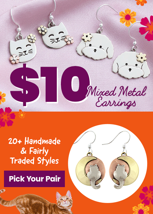Shop $10 Mixed Metal Earrings featuring 20+ handmade and fairly traded cat and dog styles. Proceeds help support shelter pets and more through The Animal Rescue Site and GreaterGood.