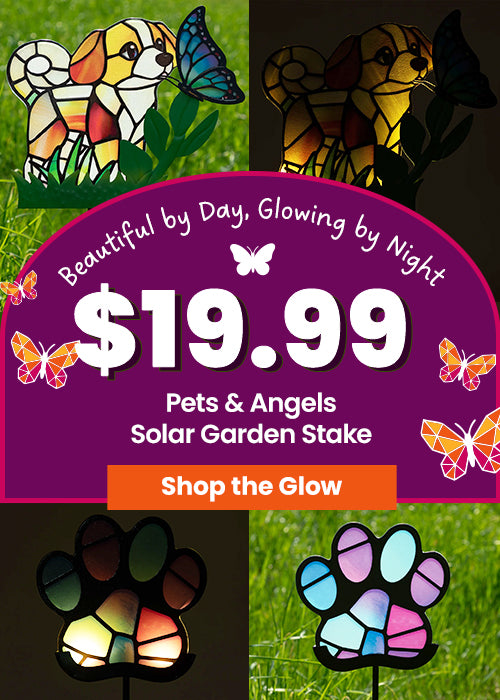 Shop the Pets & Angels Solar Garden Stake for $19.99, featuring a stained-glass style puppy and butterfly design that is beautiful by day and glowing by night. Proceeds help support shelter pets and more through The Animal Rescue Site and GreaterGood.