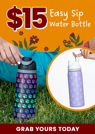 Shop the Easy Sip Water Bottle for $15, featuring a convenient carry loop and colorful paw print designs. Grab yours today and help support shelter pets and more through The Animal Rescue Site and GreaterGood.