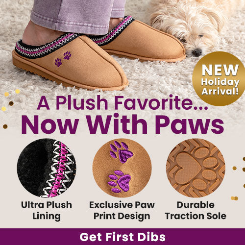 New Holiday Arrival—Plush Paw Slippers from The Animal Rescue Site and GreaterGood featuring tan suede style with purple paw embroidery and soft fleece lining. Proceeds help support shelter pets and more.