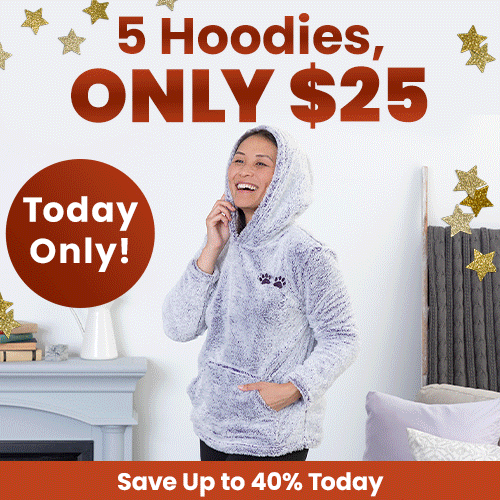 Women wearing various hoodies. Print reads "5 Hoodies ONLY $25. Save up to 40% today. TODAY ONLY!"