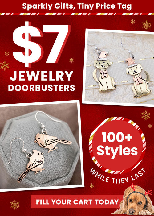 $7 Jewelry Doorbusters from The Animal Rescue Site and GreaterGood featuring gold dog earrings and silver bird earrings; proceeds help support shelter pets and more.