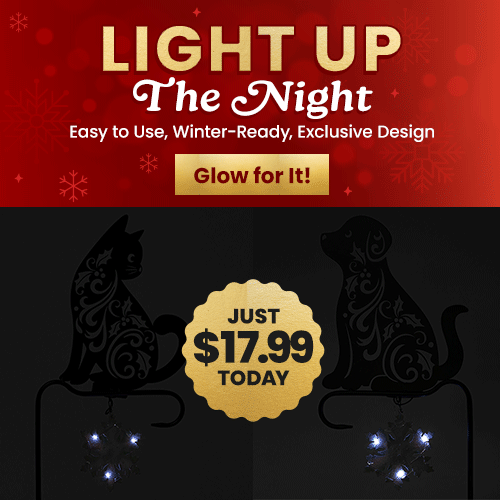 Light Up the Night garden decor from The Animal Rescue Site and GreaterGood, featuring black metal dog stake, cat stake, and snowflake lantern accents. Proceeds help support shelter pets and more.