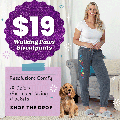 $19 Walking Paws Sweatpants promotion from The Animal Rescue Site and GreaterGood, featuring gray paw-print sweatpants, white tee, cozy slippers. Proceeds help support shelter pets and more.