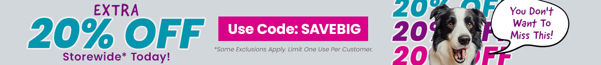 Extra 20% Off Storewide donation promotion by The Animal Rescue Site and GreaterGood, featuring a happy black-and-white dog and savings message encouraging support through everyday purchases.