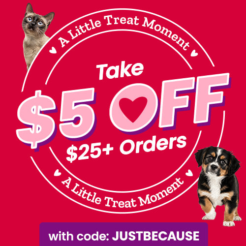 A Little Treat Moment $5 Off donation promotion from The Animal Rescue Site and GreaterGood, featuring cat and puppy imagery, encouraging support through $25+ orders.