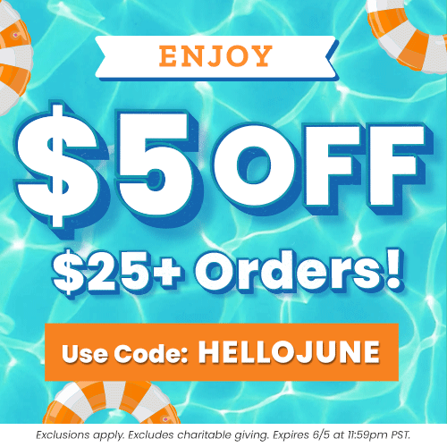 Enjoy $5 Off $25+ Orders promotion from The Animal Rescue Site and GreaterGood. Proceeds help support shelter pets and more. Summer shopping event, poolside-themed savings, seasonal pet-loving lifestyle essentials.