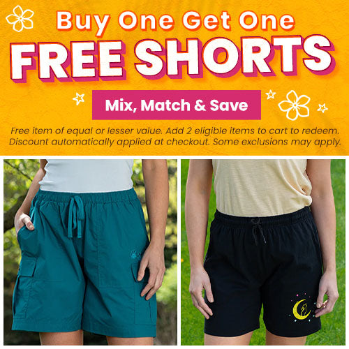 Buy One Get One Free Shorts promotion from The Animal Rescue Site and GreaterGood. Proceeds help support shelter pets and more. Teal cargo shorts, black moon-print lounge shorts, casual summer apparel.