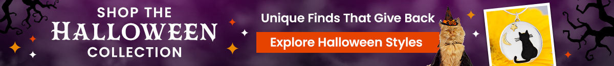 Explore the Halloween Collection featuring unique finds that give back, such as the festive orange cat-in-pumpkin sweatshirt and celestial black cat pendant necklace. Every purchase helps support shelter pets and more through The Animal Rescue Site and GreaterGood.