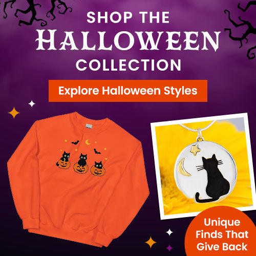 Explore the Halloween Collection featuring unique finds that give back, such as the festive orange cat-in-pumpkin sweatshirt and celestial black cat pendant necklace. Every purchase helps support shelter pets and more through The Animal Rescue Site and GreaterGood.