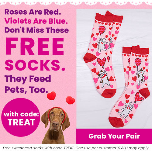 Free Socks donation offer by The Animal Rescue Site and GreaterGood, featuring pink heart-pattern socks with playful dog design; every purchase helps feed shelter pets.