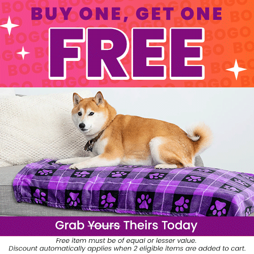 Buy One, Get One Free Pet Blanket promotion from The Animal Rescue Site and GreaterGood. Proceeds help support shelter pets and more. Purple plaid paw-print blanket, cozy fleece throw, pet-friendly comfort bedding.
