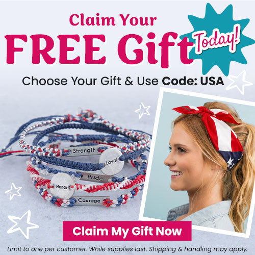 Claim Your FREE Gift Today promotion from The Animal Rescue Site and GreaterGood. Proceeds help support shelter pets and more. American flag glass water bottle, patriotic red-white-blue tunic top, star-spangled gift collection.