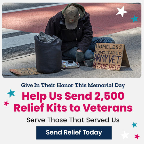 Help Us Send 2,500 Relief Kits to Veterans donation, The Animal Rescue Site and GreaterGood; homeless veteran seated roadside, support essential supplies, comfort items, and emergency assistance for veterans in need