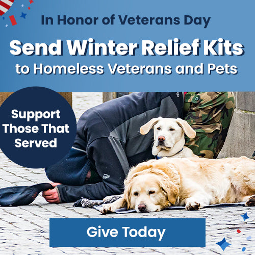 Send Winter Relief Kits donation from The Animal Rescue Site and GreaterGood. Provides warmth and care to homeless veterans and their pets in honor of Veterans Day.