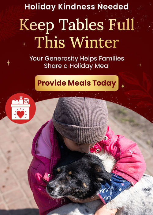 Keep Tables Full This Winter donation by The Animal Rescue Site and GreaterGood showing a child hugging a dog; supports meal assistance for families and pets in need.