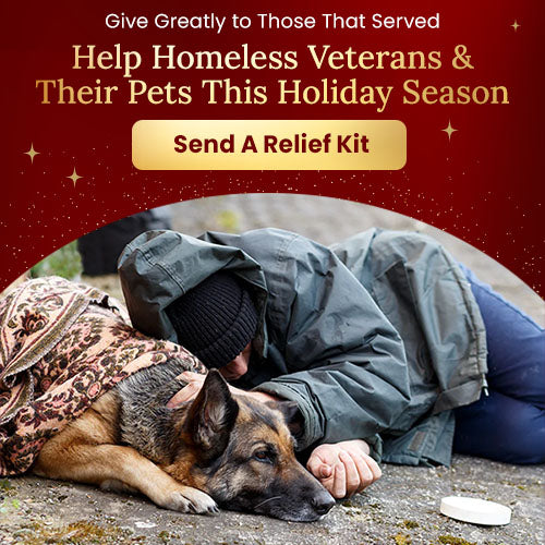 Help Homeless Veterans & Their Pets Relief Kit donation from The Animal Rescue Site and GreaterGood, supporting veterans and companion animals with essential care during the holiday season.