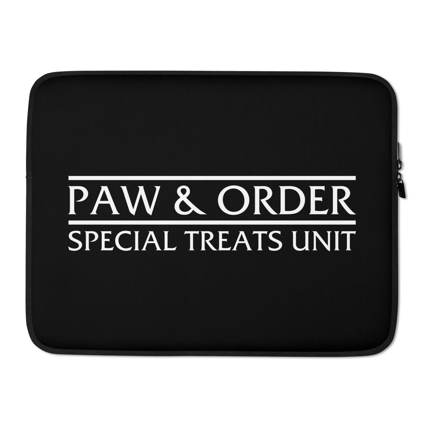 Front view of a black laptop case that reads Paw & Order: Special Treats Unit in white lettering