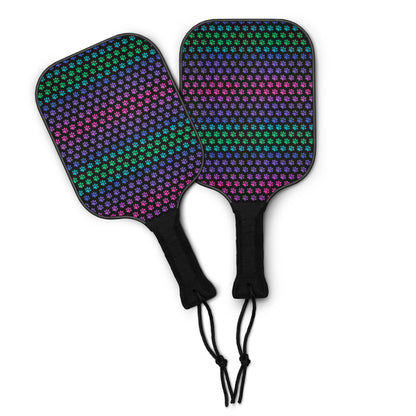 Two pickleball paddles with a colorful pattern on a white background