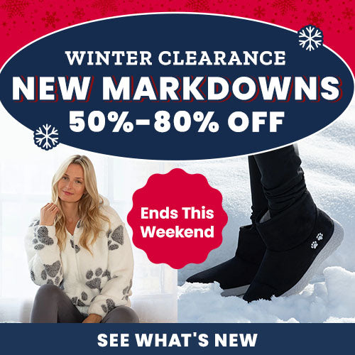Winter Clearance New Markdowns promotion from The Animal Rescue Site and GreaterGood, featuring cozy paw-print fleece jacket, black winter boots, and cold-weather apparel with 50–80% off savings.