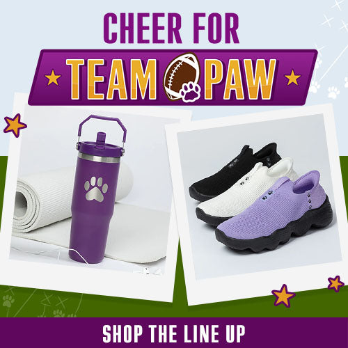 Cheer for Team Paw donation campaign from The Animal Rescue Site and GreaterGood, featuring paw-print purple water bottle and slip-on shoes supporting animal-focused causes.