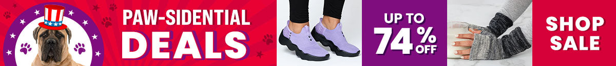 Paw-sidential Deals from The Animal Rescue Site and GreaterGood, featuring cozy gray fingerless gloves, lavender slip-on walking shoes, and limited-time savings supporting animal welfare.