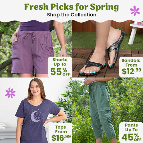 Fresh Picks for Spring promotion from The Animal Rescue Site and GreaterGood; proceeds help support shelter pets and more, featuring purple drawstring shorts, black flip-flop sandals, and green cropped pants.
