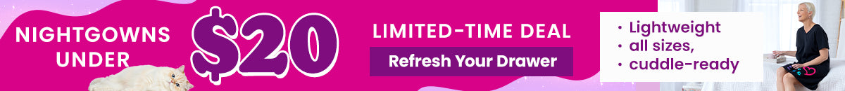 Nightgowns Under $20 promotion from The Animal Rescue Site and GreaterGood; proceeds help support shelter pets and more, featuring black lightweight nightgown with colorful paw print and heart design.