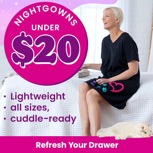 Nightgowns Under $20 promotion from The Animal Rescue Site and GreaterGood; proceeds help support shelter pets and more, featuring black lightweight nightgown with colorful paw print and heart design.