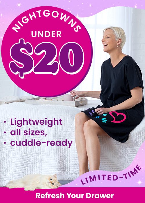 Nightgowns Under $20 promotion from The Animal Rescue Site and GreaterGood; proceeds help support shelter pets and more, featuring black lightweight nightgown with colorful paw print and heart design.